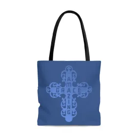 Amazing Grace Filigree Cross Large Blue Tote Bag (Dual Sided Design)