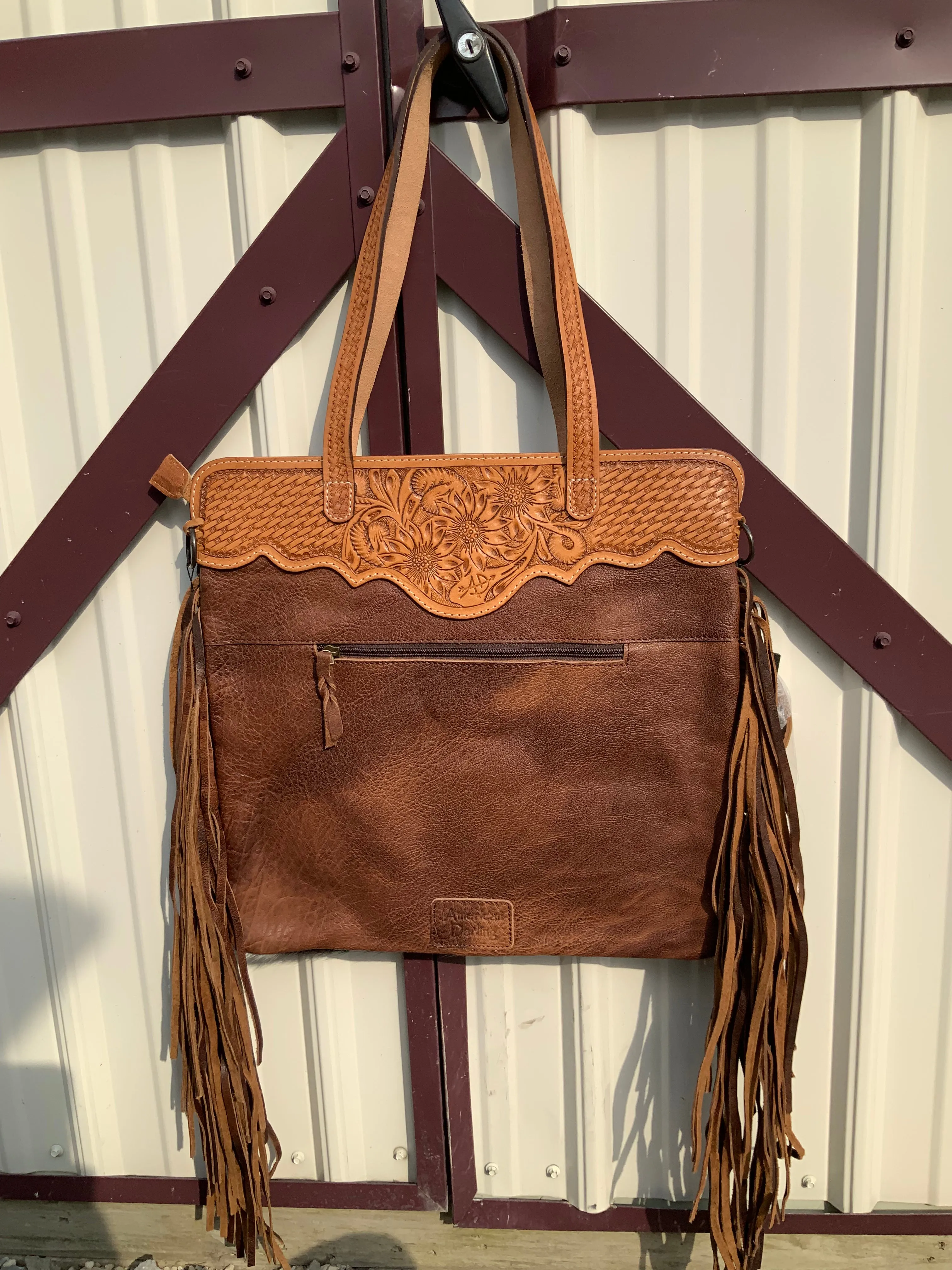 American Darling Cowhide w/ Tooled Trim & Brown Fringe Shoulder Bag ADBGS113BRW