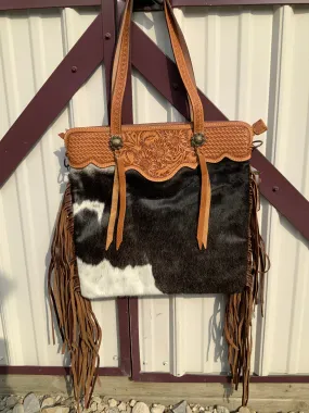 American Darling Cowhide w/ Tooled Trim & Brown Fringe Shoulder Bag ADBGS113BRW