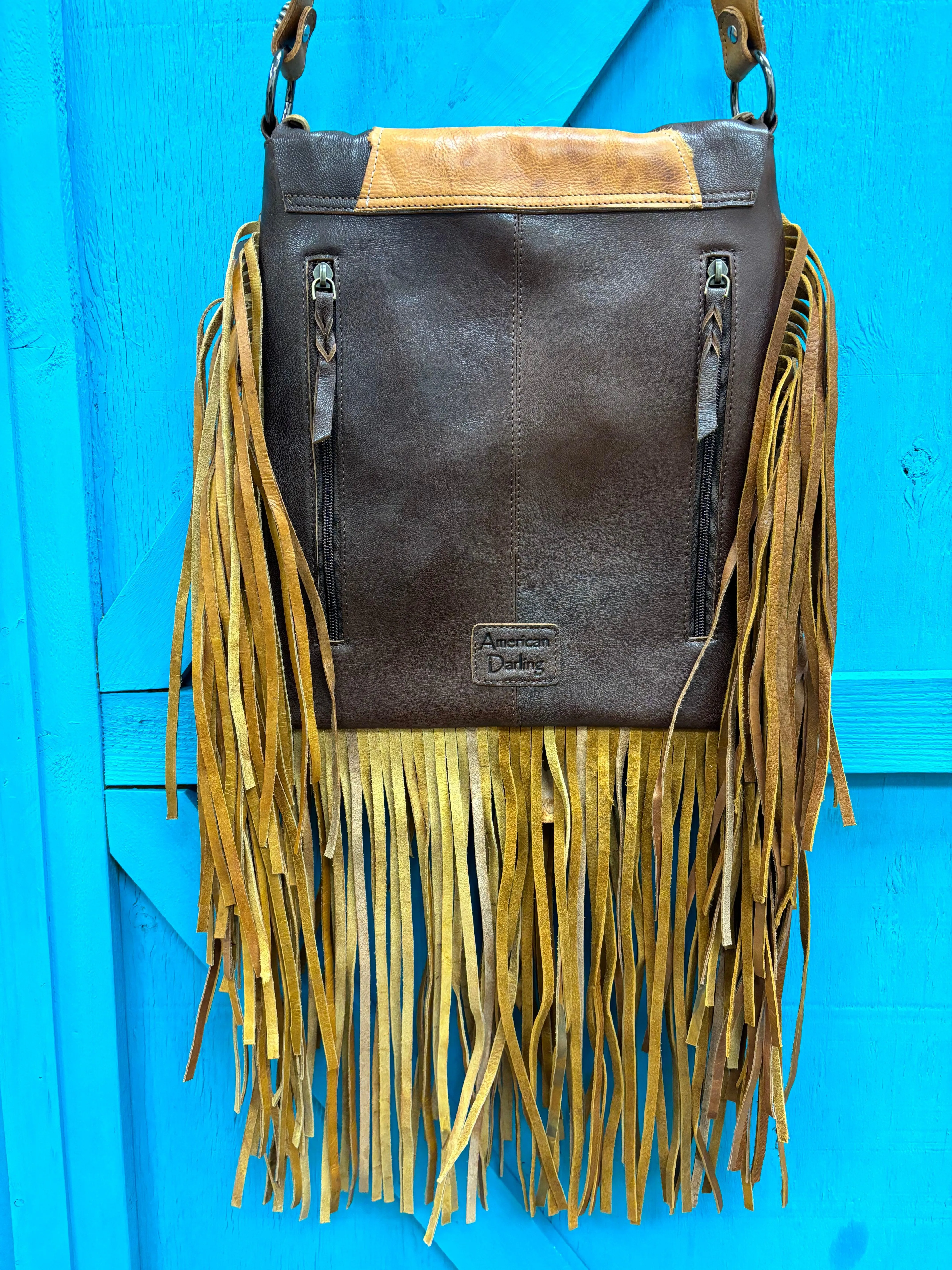 American Darling Genuine Leather Fringe Faux Turquoise Buckle Crossbody Bag ADBGM470