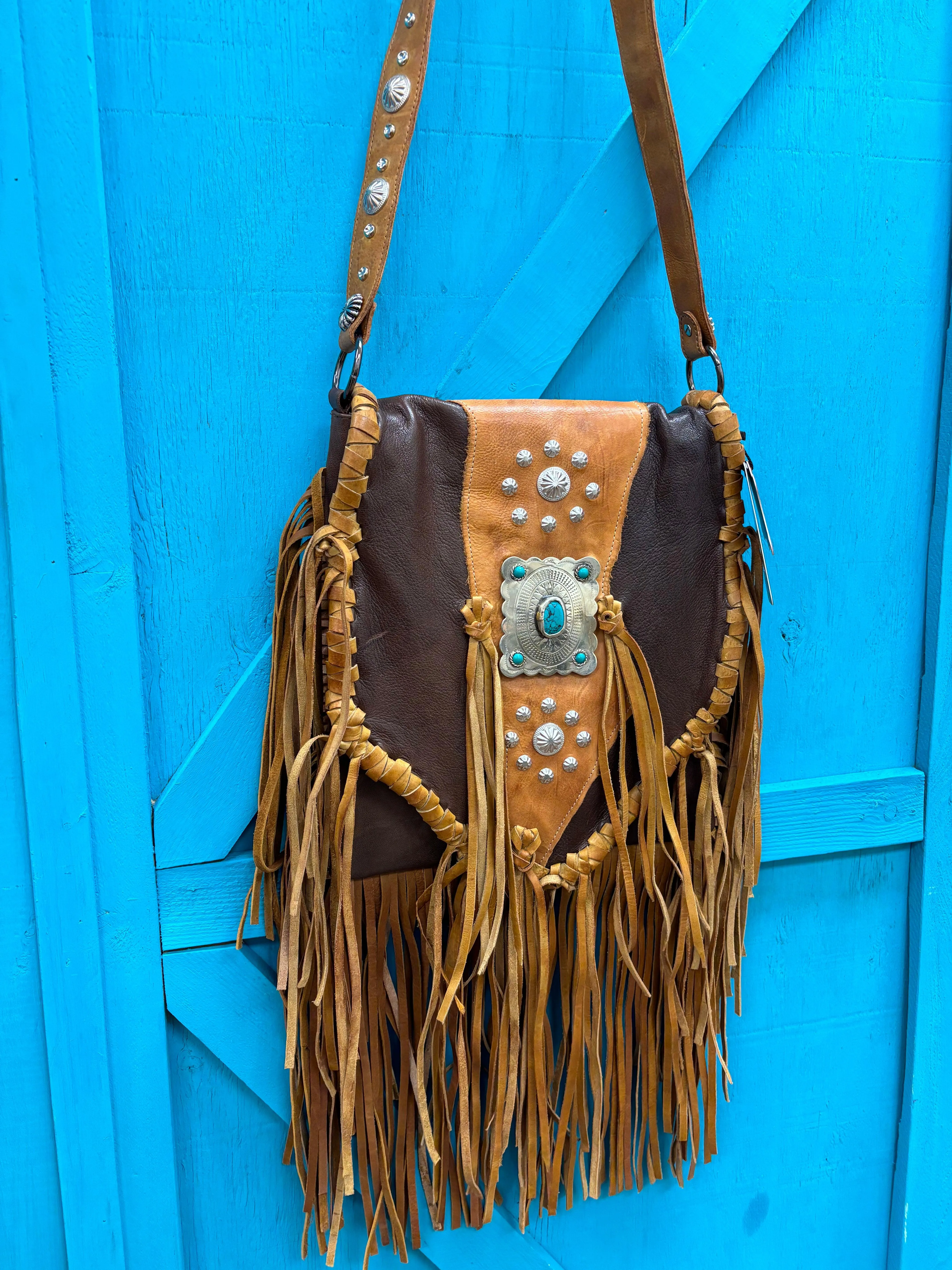 American Darling Genuine Leather Fringe Faux Turquoise Buckle Crossbody Bag ADBGM470