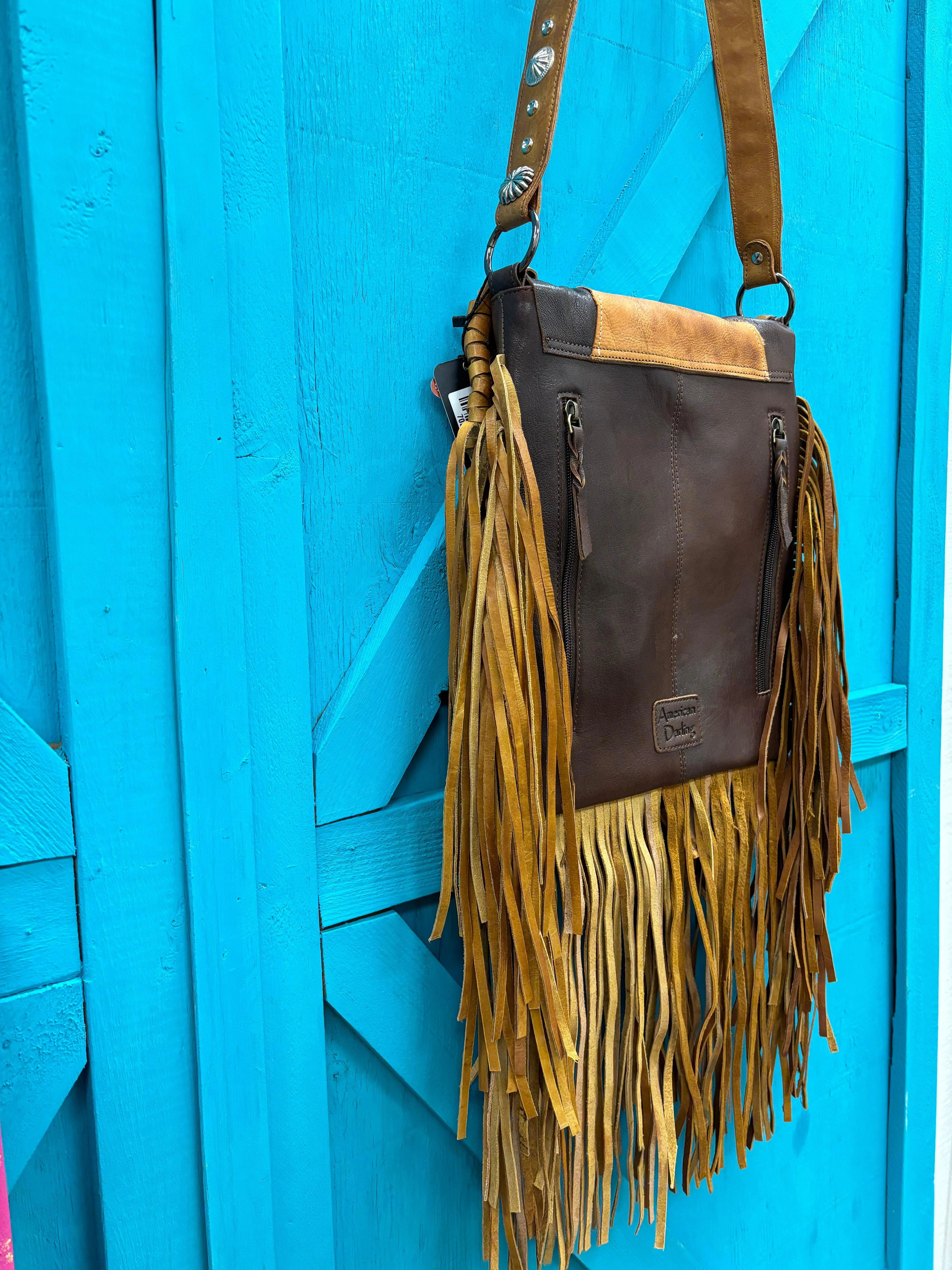 American Darling Genuine Leather Fringe Faux Turquoise Buckle Crossbody Bag ADBGM470