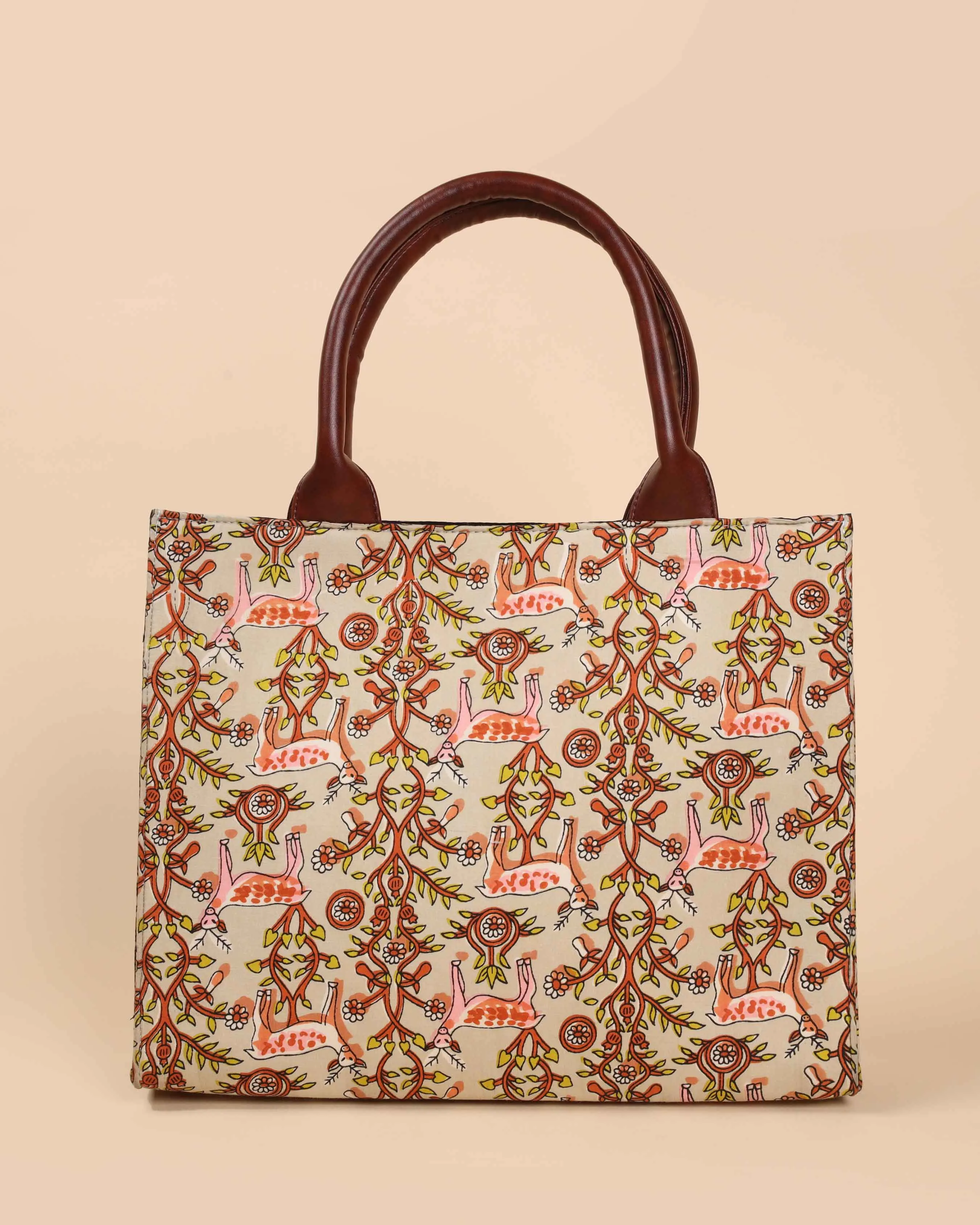 Beige Lemonade Handblock Square Tote Bag