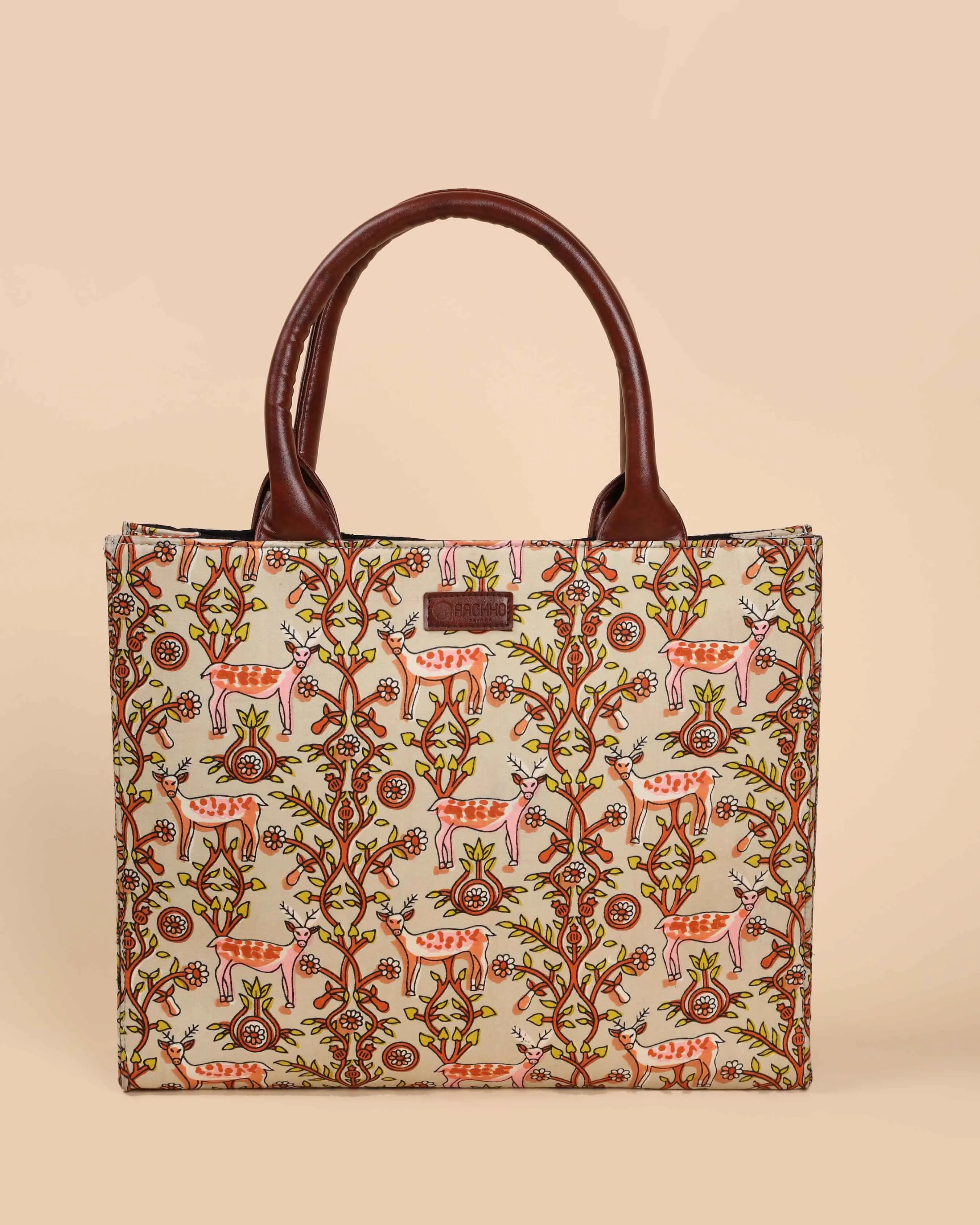 Beige Lemonade Handblock Square Tote Bag