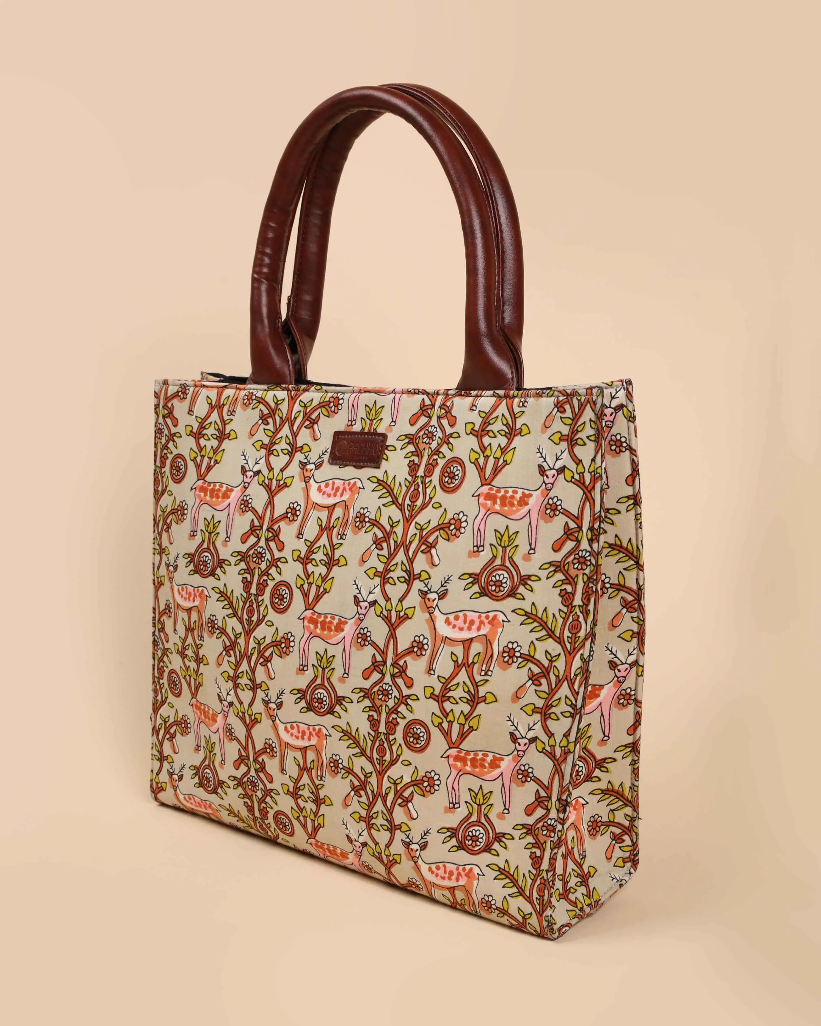 Beige Lemonade Handblock Square Tote Bag