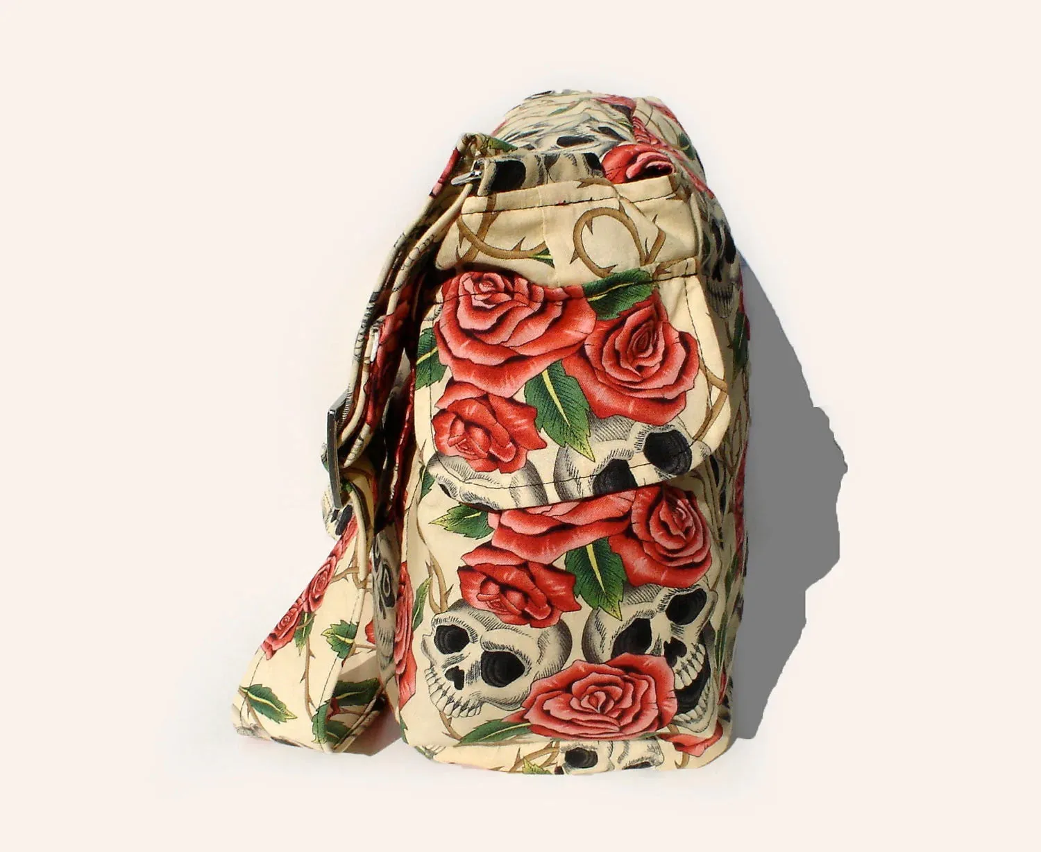 Beige Skulls and Roses Messenger Bag