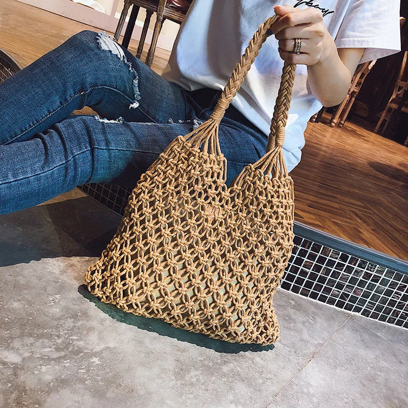 Bohemian Tote Bag Woven Khaki Beige Large Shopping Bag Boho Beach Bag Handmade From Natural Fibers