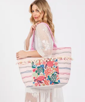 Boho Sea Turtle Print Fringe Pom Pom Tote Bag