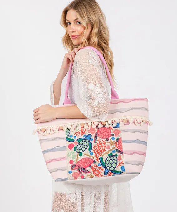 Boho Sea Turtle Print Fringe Pom Pom Tote Bag