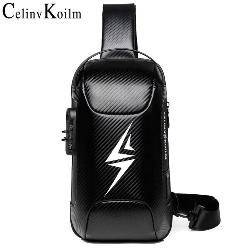 Celinv Koilm Brand Men Bag Woven Leather Sling Chest Crossbody Bag For Man Moto Biker Shoulder Bags Black New Fashion Hot Sale