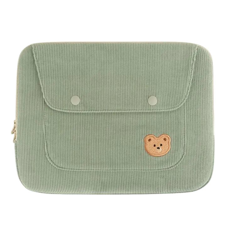 Cute Embroidery Bear Bunny Rabbit Corduroy Laptop Sleeves iPad 11 13 15 Cases Skins Protective Covers Purses Handbags Square Pouches School Collage Office