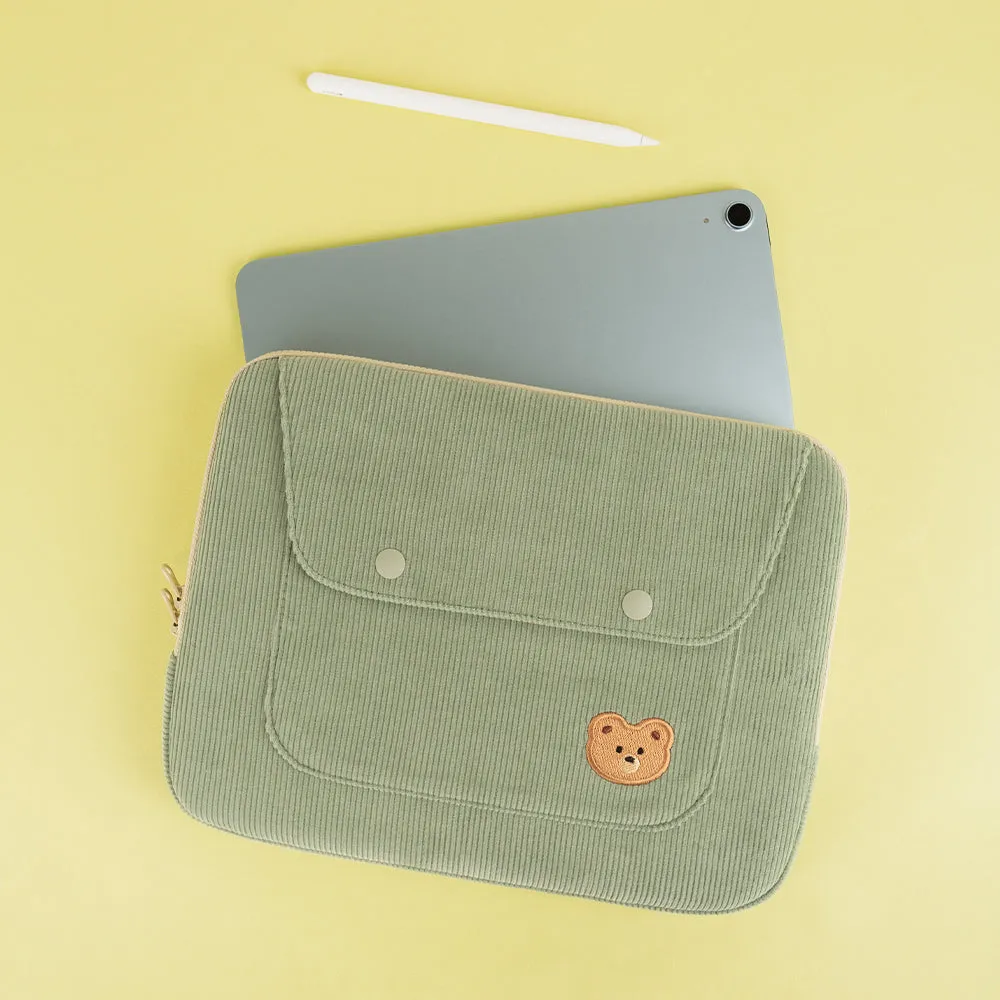 Cute Embroidery Bear Bunny Rabbit Corduroy Laptop Sleeves iPad 11 13 15 Cases Skins Protective Covers Purses Handbags Square Pouches School Collage Office