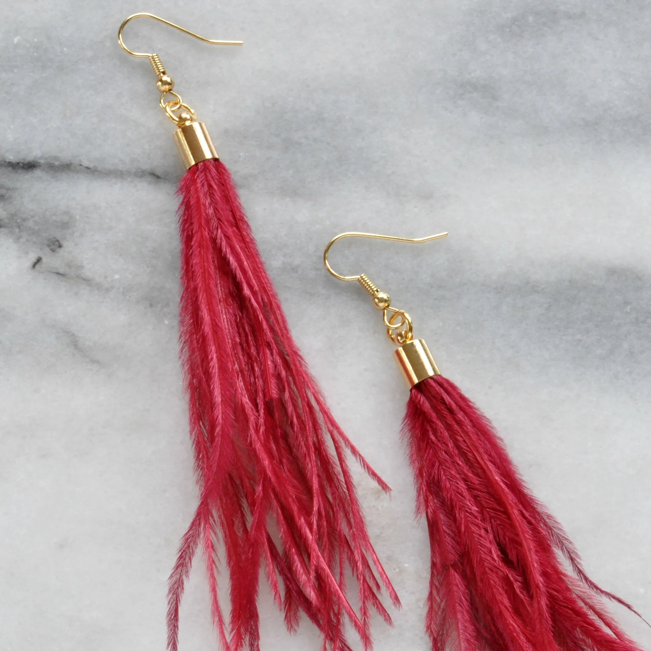 Dark Red Ostrich Feather Earrings