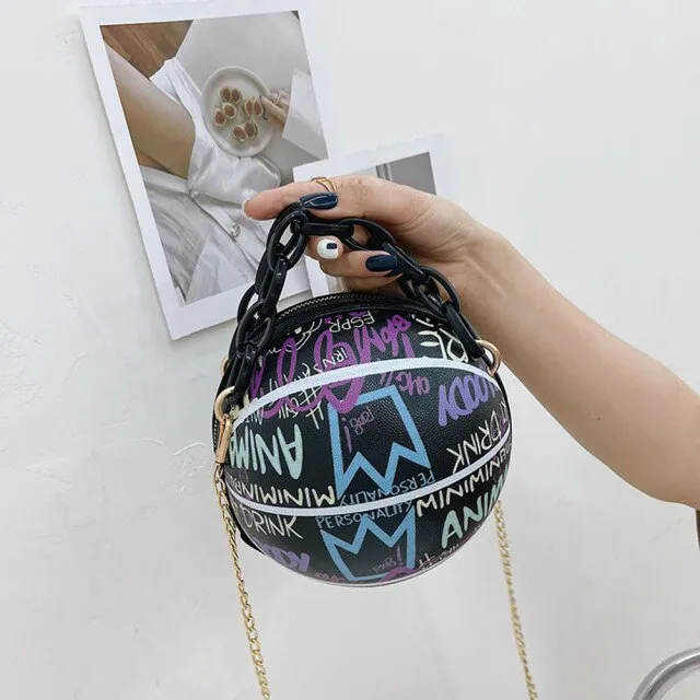 Fashion Graffiti Printing PU Leather Basketball Shape Shoulder Crossbody Messenger Bags Casual Ladies Thick Small Handbags