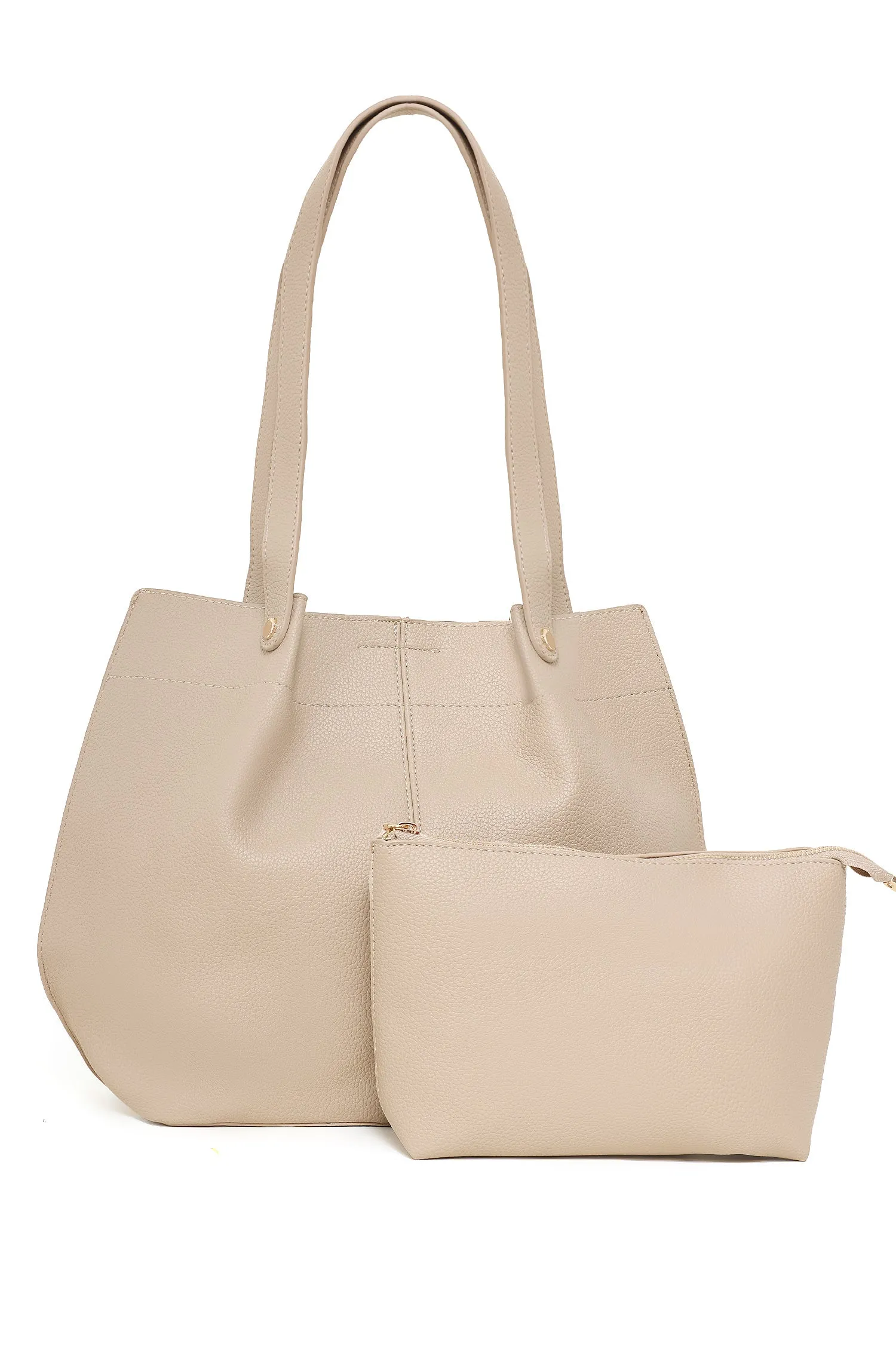 FAUX LEATHER TOTE AND POUCH DUO-KHAKI