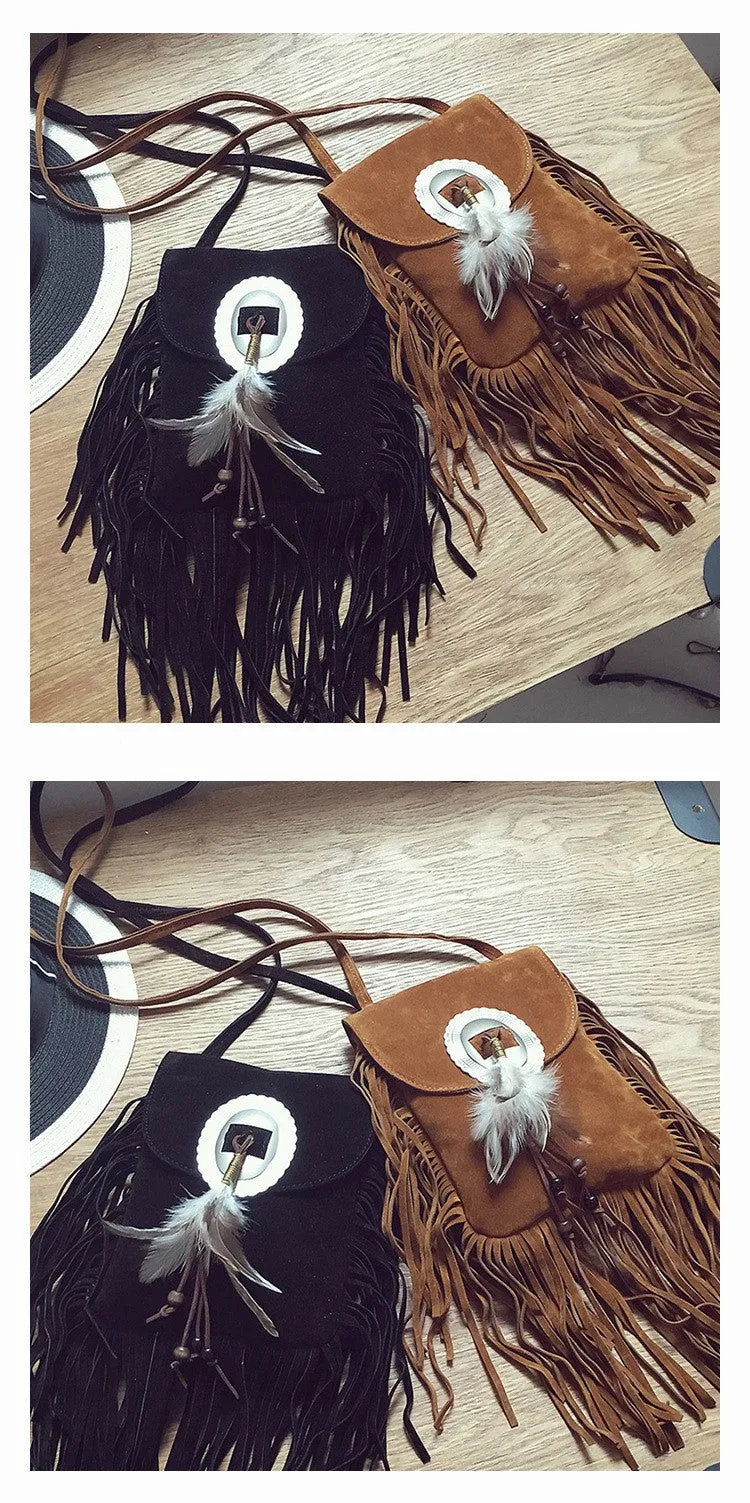 Fringe Crossbody Bag Vegan Suede Leather With Concho And Feathers Boho Messenger Bag Choose Brown Black Or Gray Wear Your Purse As A Cute Accessory!