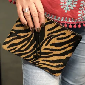 Genuine Leather Tiger Print Wristlet Hand Bag