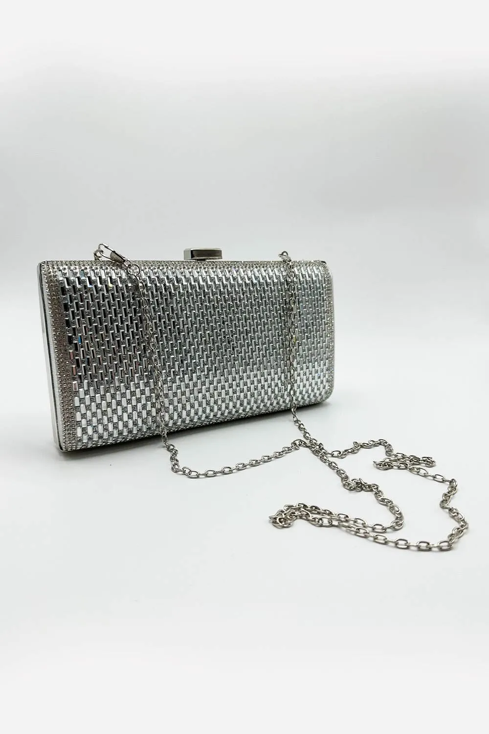 Goya Diamante Embellished Rectangle Clutch Bag in Silver