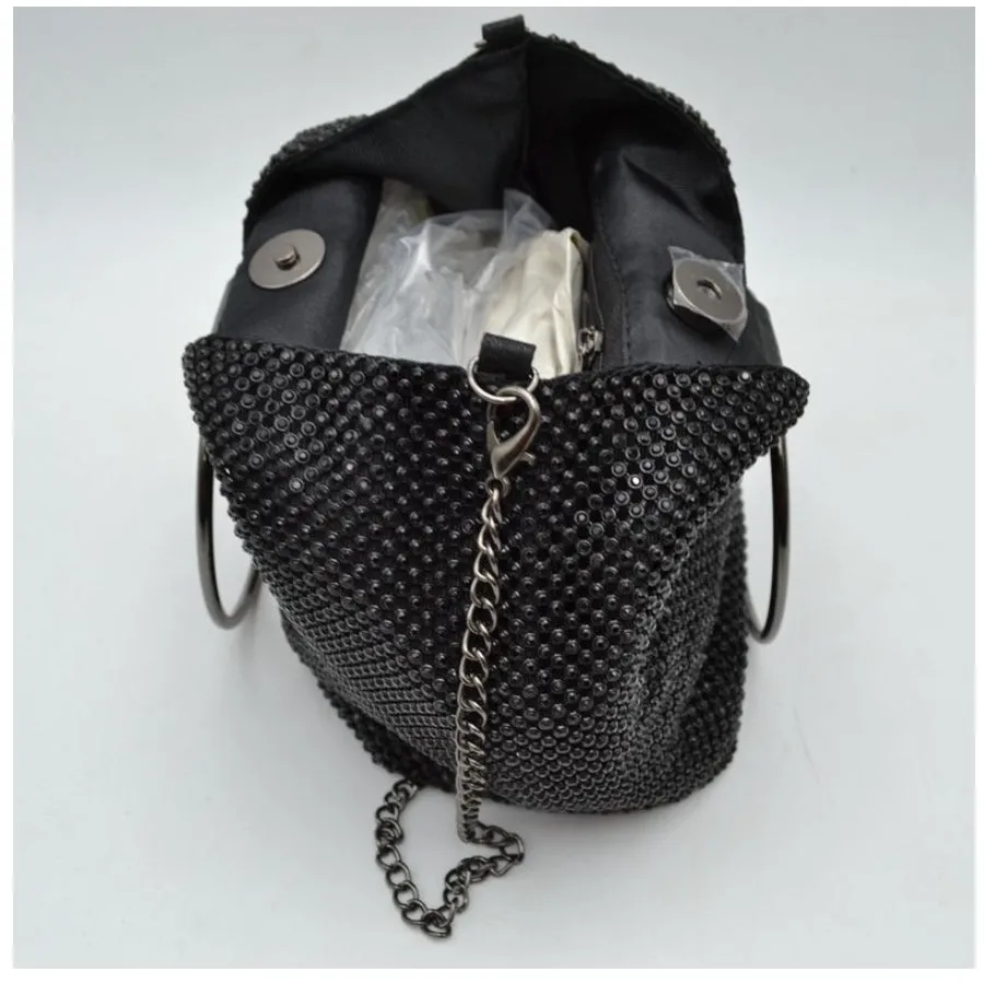 Metal mesh rhinestone chain crossbody bag - silver