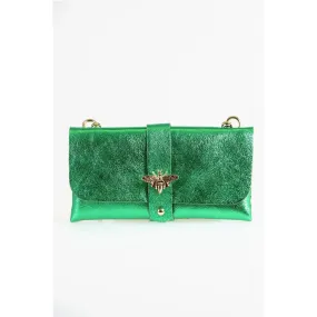 Metallic Emerald Green Leather Clutch Bag with Gold Bee & Chain Strap