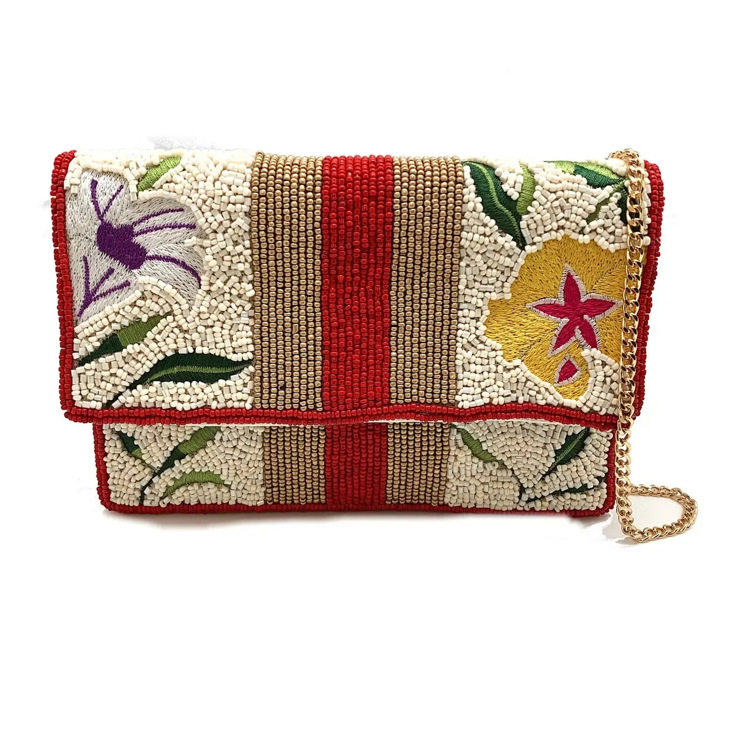 Mini Clutch with Floral Embroidery & Red Striped Beading