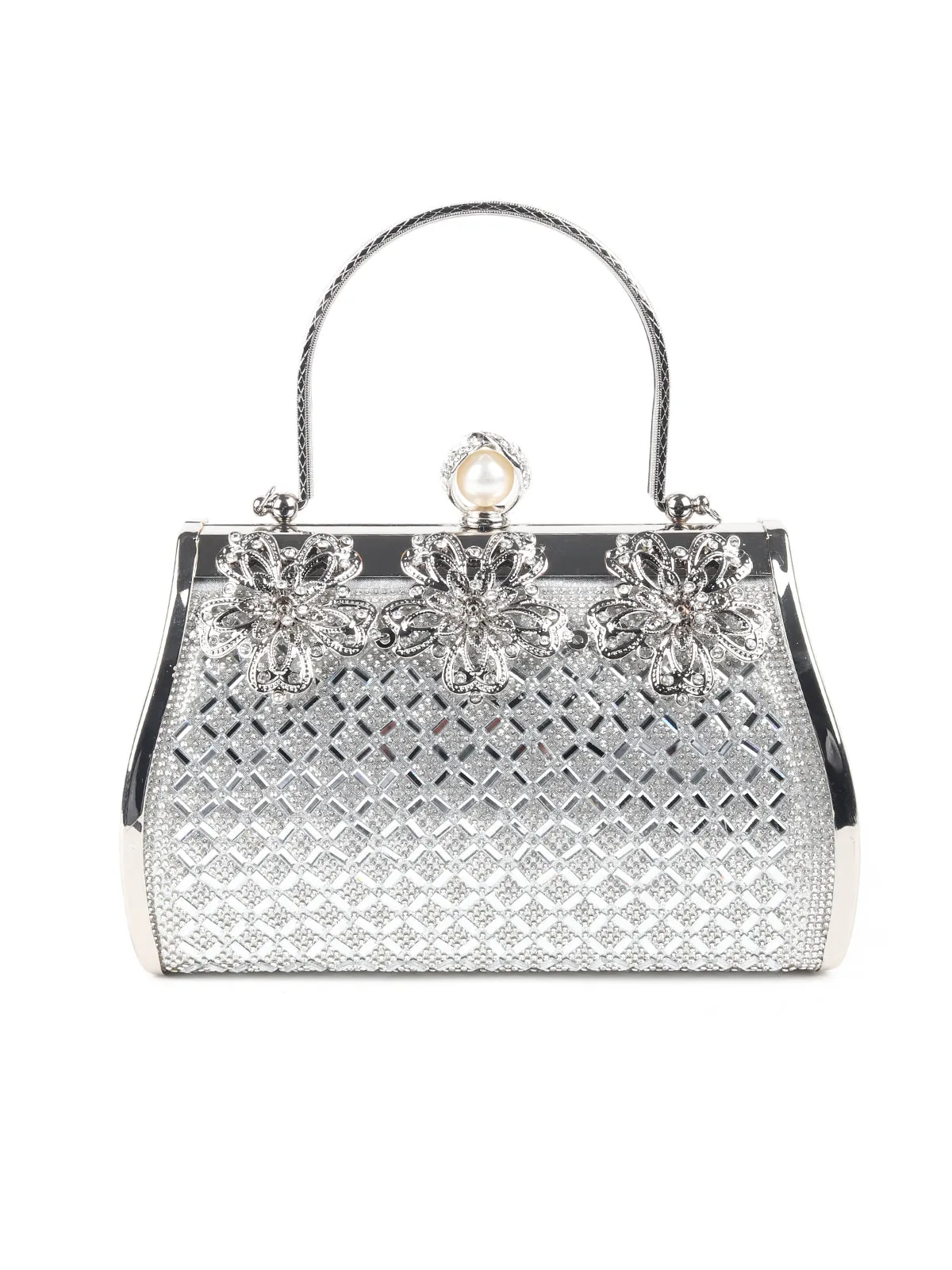 Odette Silver Metallic Embellished Clutch for Women