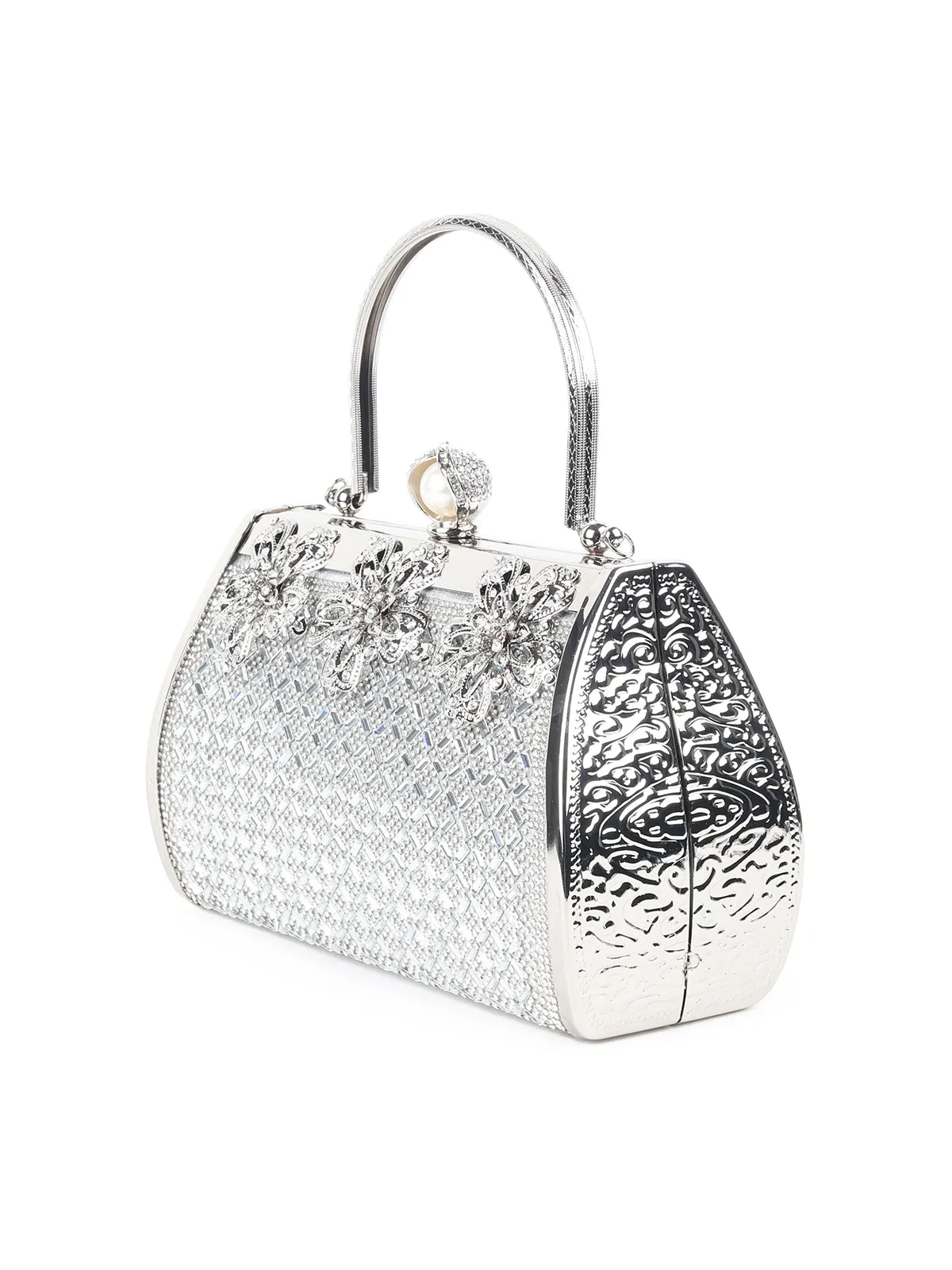 Odette Silver Metallic Embellished Clutch for Women