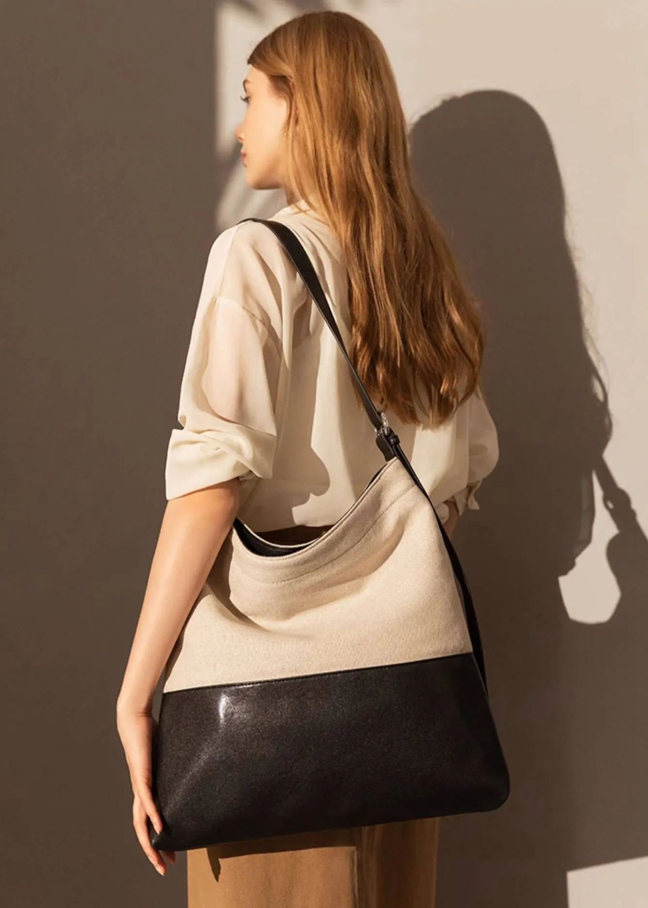 Patchwork Canvas Leather Colorblock Tote Bag