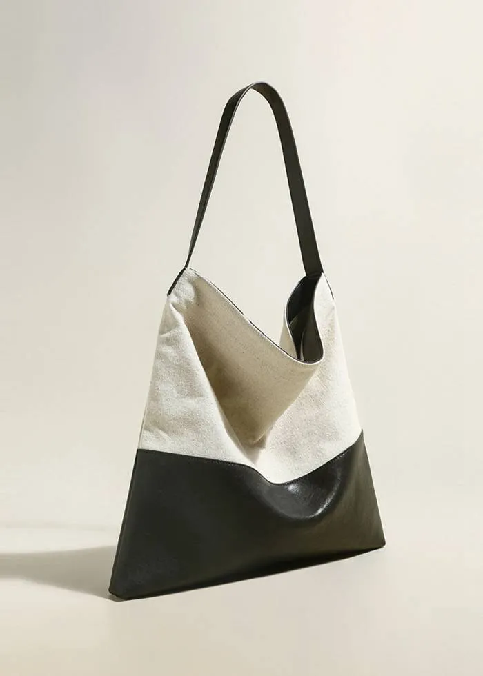 Patchwork Canvas Leather Colorblock Tote Bag