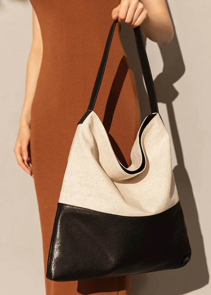 Patchwork Canvas Leather Colorblock Tote Bag