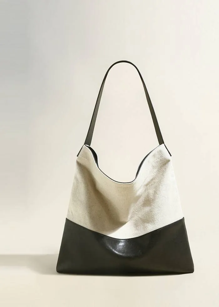 Patchwork Canvas Leather Colorblock Tote Bag