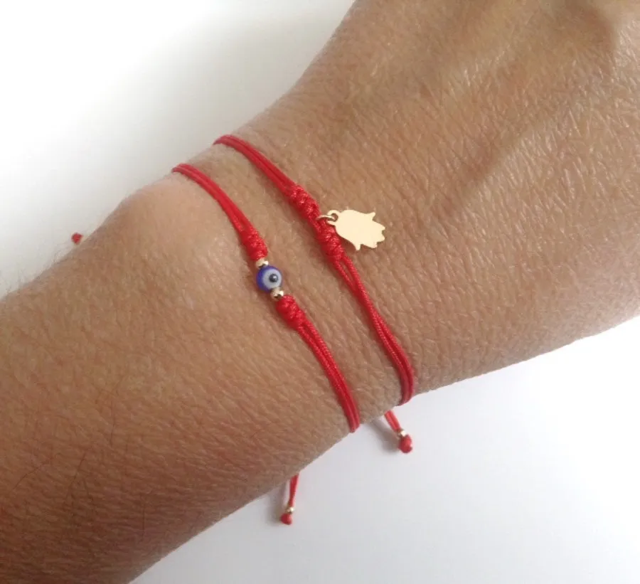 Red String couples bracelet set of 2 Evil Eye Hamsa Charms