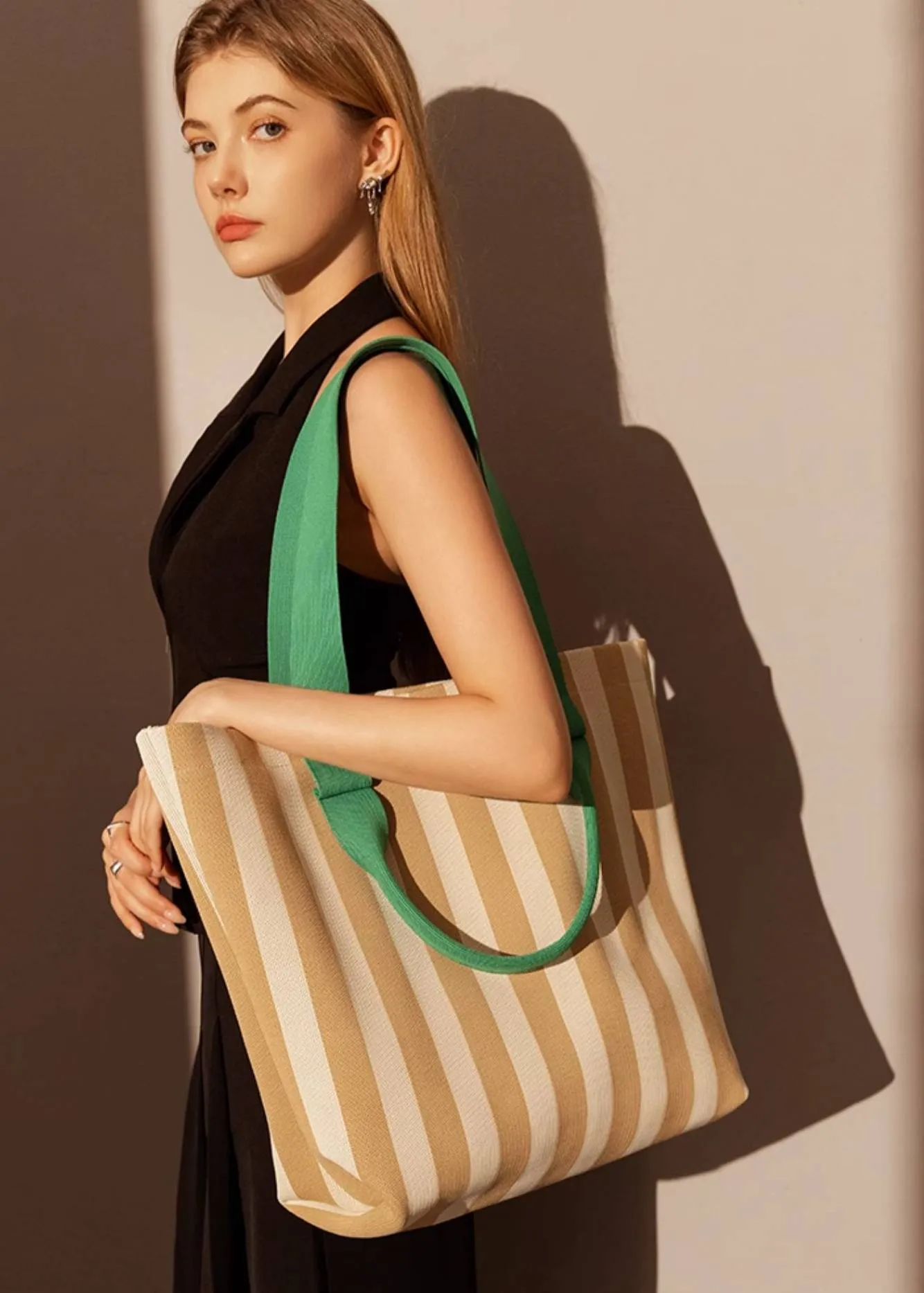 Striped Canvas Spacious Shopper Tote