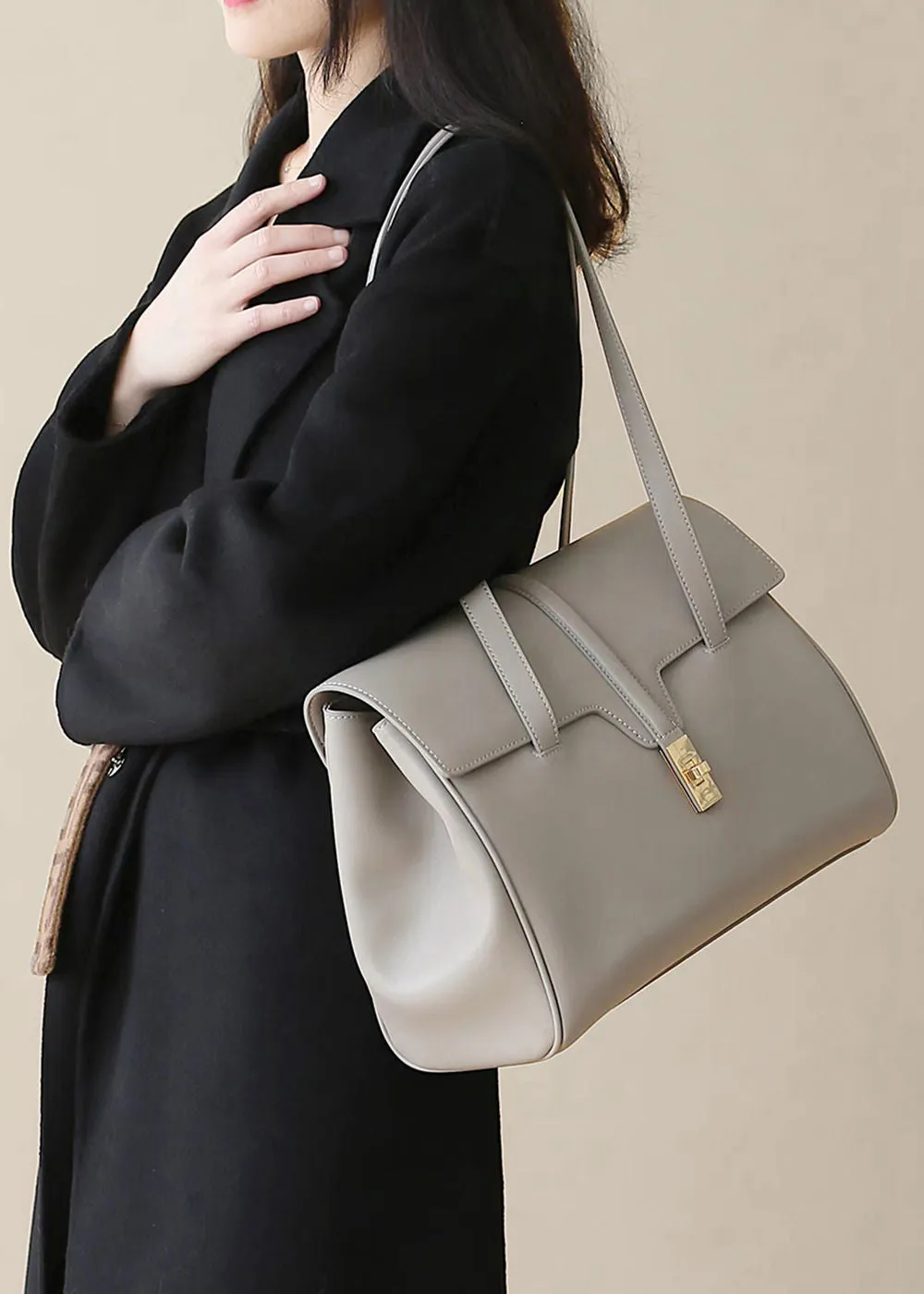 Turnlock Flap Leather Tote Bag