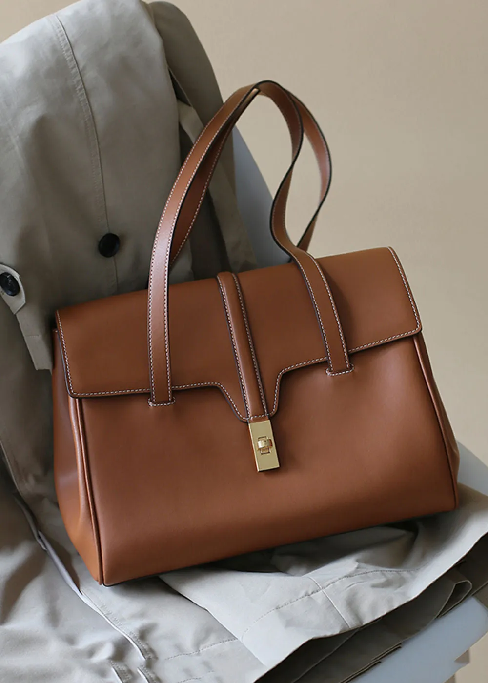 Turnlock Flap Leather Tote Bag