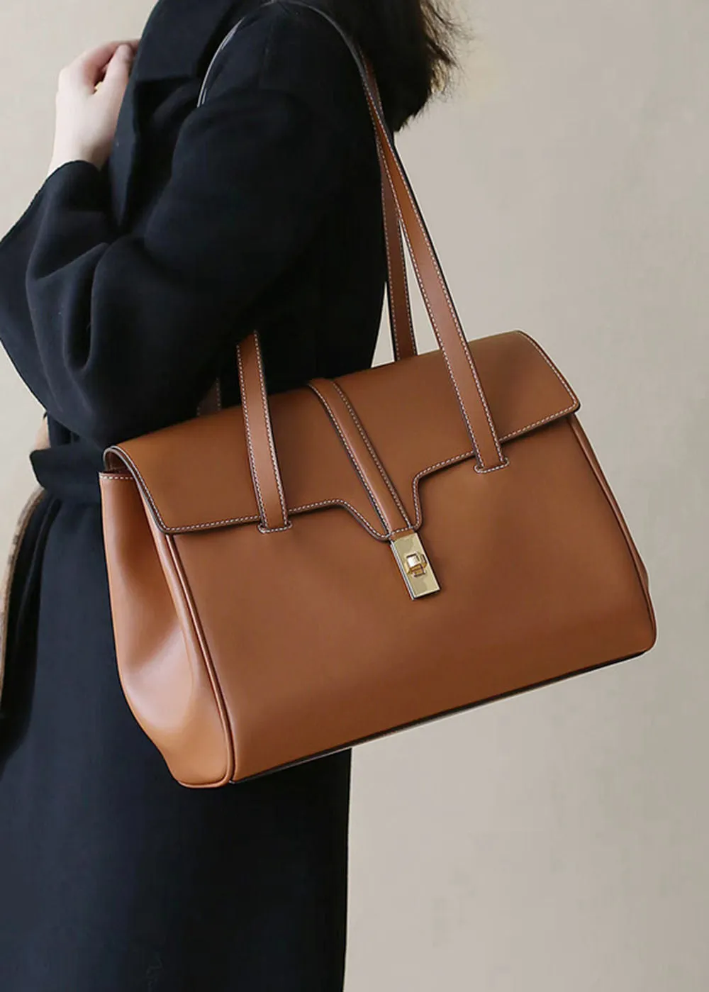 Turnlock Flap Leather Tote Bag